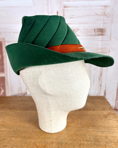 Super Rare Forest Green 1940s Fedora Hat With Red Suede Band
