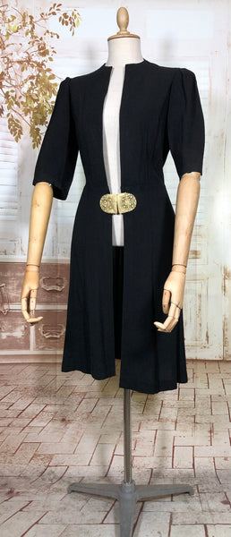 Exquisite 1930s Black Crepe Dress And Redingote Coat With Gold Filigree Buckle