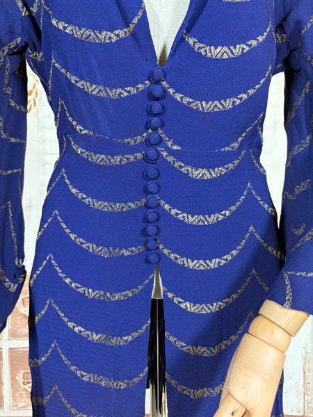 1930s Royal Blue Gold Lamé Chevron Coat | Statement Sleeve Antique Evening Coat