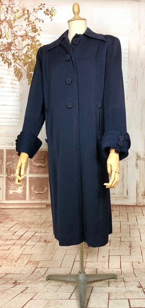 Exquisite Original 1940s Volup Vintage Navy Blue Swing Coat With Beautiful Button Details