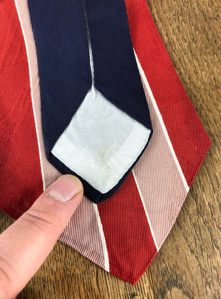 1940s Red Pink & White Bold Stripe American Rayon Swing Tie with Navy Neck