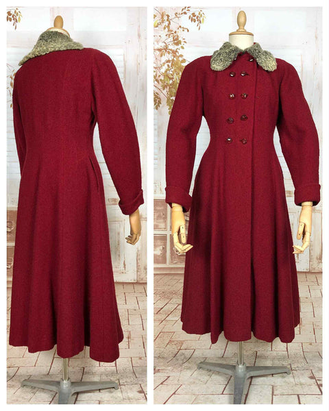 Incredible Original 1940s Red Princess Coat With Astrakhan Collar
