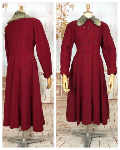Incredible Original 1940s Red Princess Coat With Astrakhan Collar