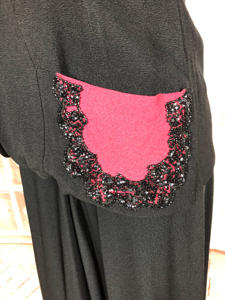 Amazing 1930s Long Line Skirt Suit With Fuchsia Pink Beaded Accents