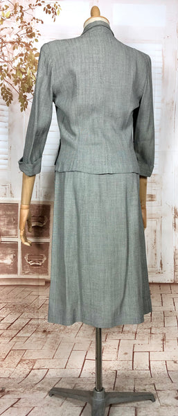 Stunning Grey 1940s Vintage Herringbone Skirt Suit With Statement Pockets By Cay Artley