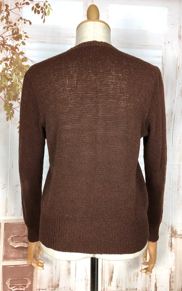 Wonderful Original 1930s Volup Vintage Chocolate Brown Lace Knit Cardigan