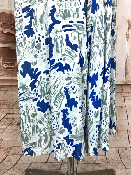 Wonderfully Vibrant Original 1940s Vintage Abstract Novelty Print Blue And White Rayon Dress