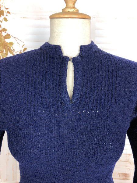 Cozy 1940s Royal Blue Knit Set with Geometric Detailing