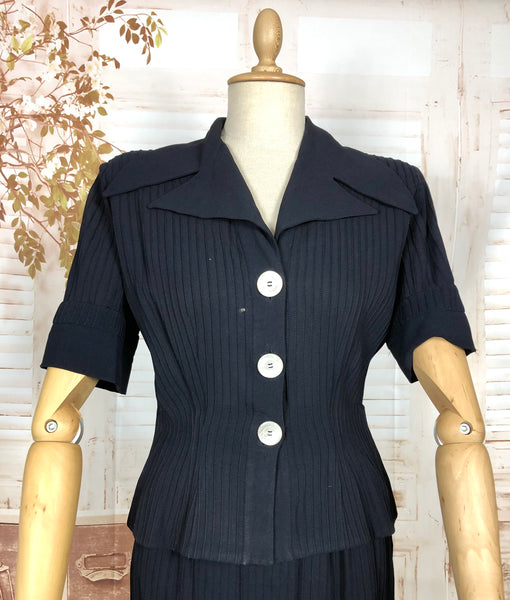 Exquisite Original 1940s Vintage Navy Blue Crepe Skirt Suit With Pin Tucks