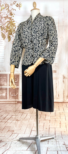 1940s Dress Suit – Scroll Print Jacket with Red Shoulder Stripe Dress