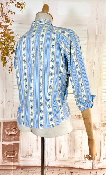 1950s Blue Floral Stripe Cotton Jacket Blouse
