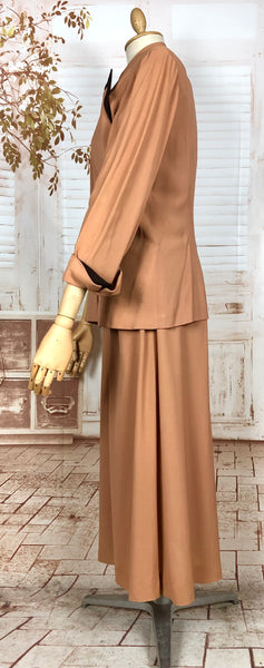 Incredible Original 1940s Volup Dress Suit In Tan With Chocolate Brown Accents