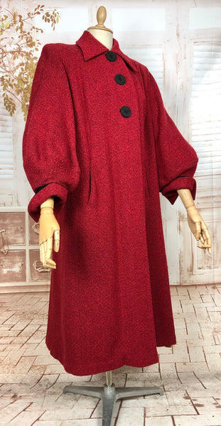 Exquisite Volup Lipstick Red 1940s Boucle Swing Coat With Huge Bishop Sleeves