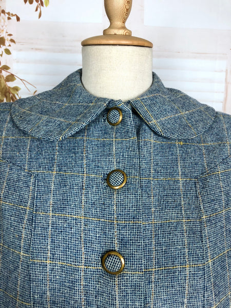 Beautiful Original Late 1940s Vintage Steel Blue And Yellow Plaid College Swing Coat