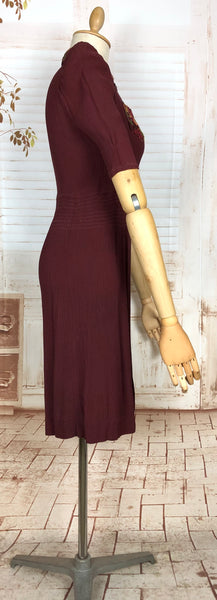 Amazing 1930s Burgundy Crepe Dress With Puff Sleeves And Colourful Crewel Embroidery