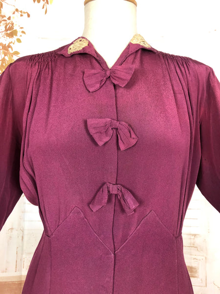 Rare Volup 1930s Burgundy Rayon Dress With Lace Accents And Bishop Sleeves