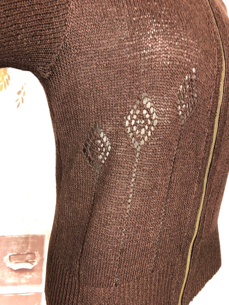 Wonderful Original 1930s Volup Vintage Chocolate Brown Lace Knit Cardigan