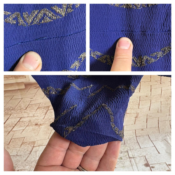 1930s Royal Blue Gold Lamé Chevron Coat | Statement Sleeve Antique Evening Coat