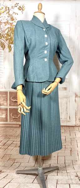 Late 1940s Teal Flecked Wool Skirt Suit with Knife Pleats – Betty Rose