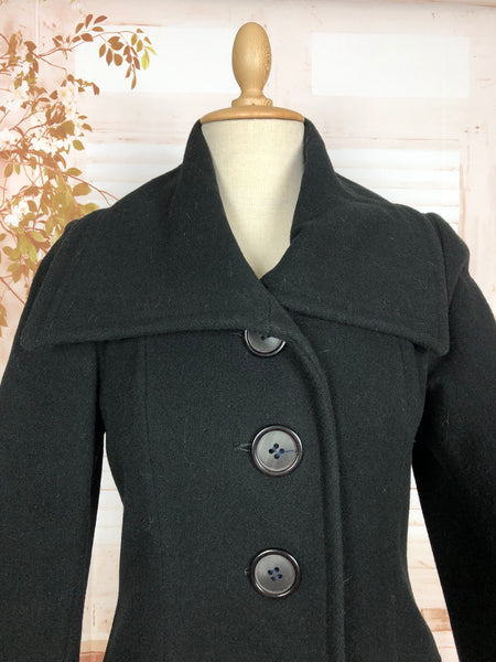 Beautiful Original 1970s Does 1940s Classic Black Princess Coat With Oversized Collar By Joseph Magnin