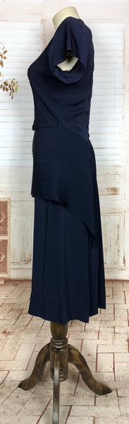 Amazing Original 1940s Vintage Navy Blue Peplum Dress With Incredible Pin Tuck Details