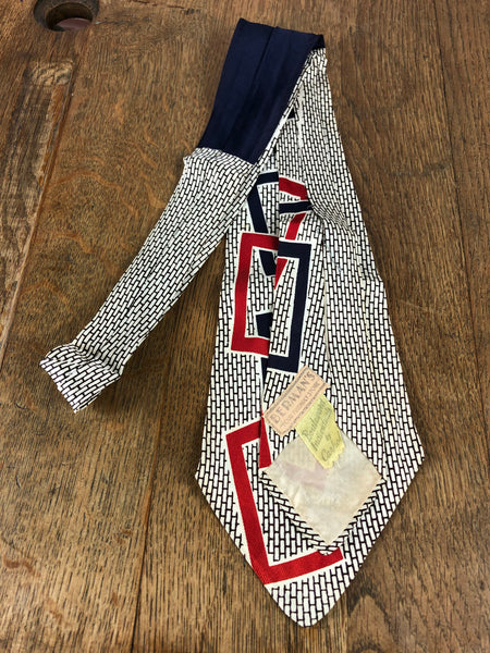 Late 1940s Early 1950s Red, Navy & White Interlocking Rectangles American Swing Tie – Berman's