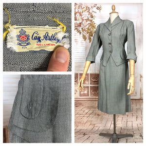 Stunning Grey 1940s Vintage Herringbone Skirt Suit With Statement Pockets By Cay Artley