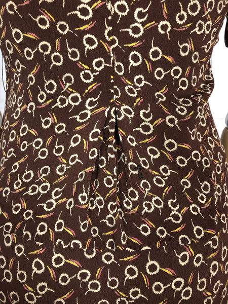 Super Rare 1930s Vintage Abstract Printed Brown Rayon Skirt Suit