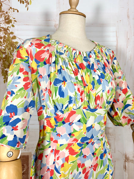 1930s Vibrant Floral Crepe Day Dress