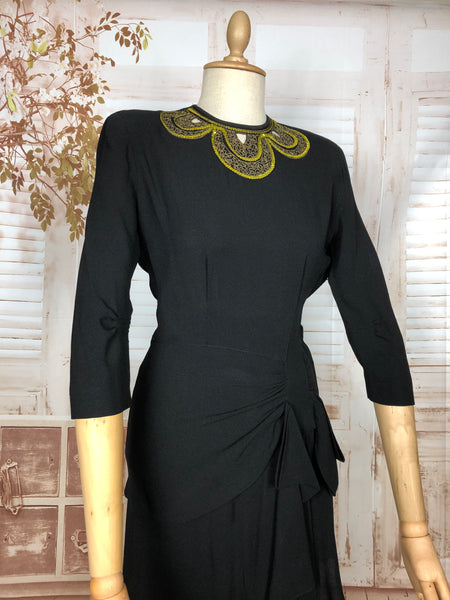 Incredible Original 1940s Vintage Black Draped Femme Fatale Skirt Suit With Bright Yellow And Gold Sequinned Collar