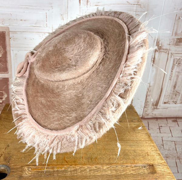 Huge Pale Pink Early 1950s Platter Hat With Feather Trim