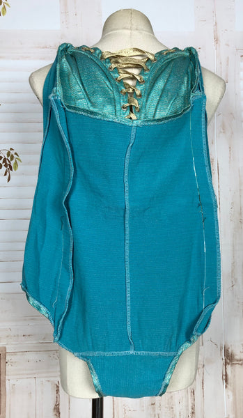 Incredible Original 1950s Turquoise And Hold Lurex Swimsuit Playsuit