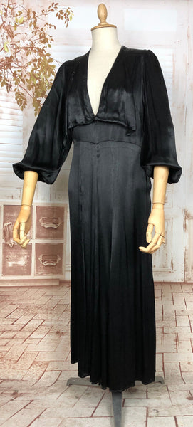 Exquisite Original Late 1930 / Early 1940s Black Silk Satin Dress With Huge Bishop Sleeves