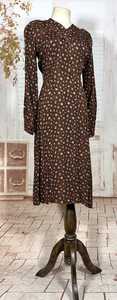 1930s Chocolate Brown Floral Crepe Dress with Pointed Cuffs