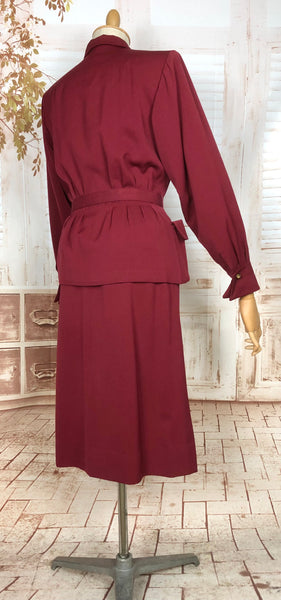 Exceptional 1940s Burgundy Red Gabardine Belted Skirt Suit By Gilbert Original