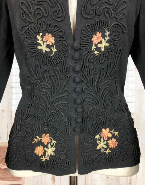 Exquisite Original Late 1930s / Early 1940s Black Blazer With Stunning Soutache And Crewel Work