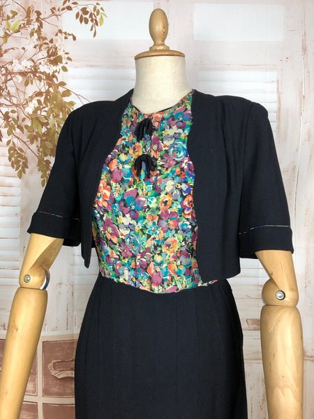 Wonderful Late 1930s / Early 1940s Black And Floral Print Dress With Mock Bolero Jacket