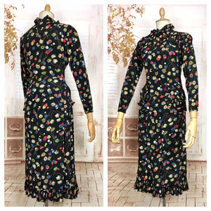 1930s Floral Rayon Crepe Skirt Suit with Ruffled Details