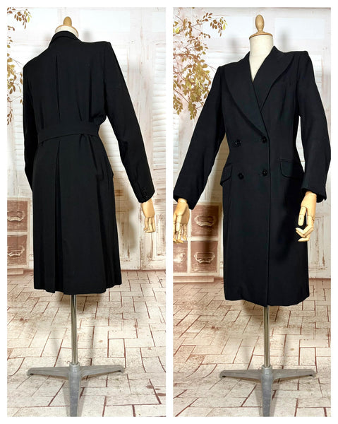 Classic Double Breasted Black 1940s Coat With Cinched Belt Back