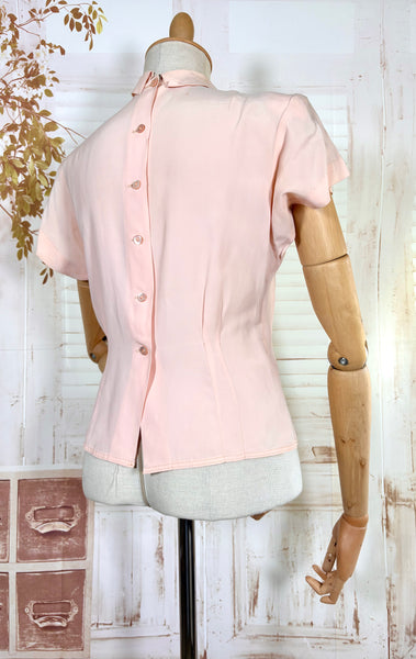 1940s Blush Pink Rayon Crepe Blouse – Lattice Openwork & Petal Embroidery