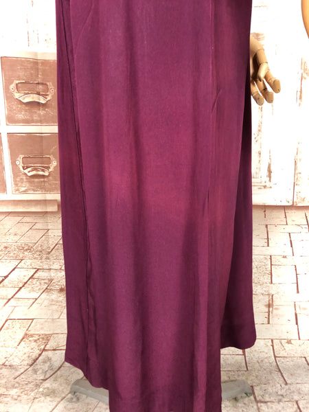 Rare Volup 1930s Burgundy Rayon Dress With Lace Accents And Bishop Sleeves