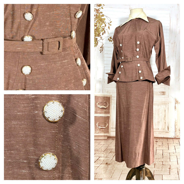 Lightweight 1940s Chocolate Brown Skirt Suit With Contrast Collar