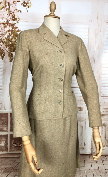 Wonderful Original 1940s Vintage Cream Lightweight Tweed Skirt Suit Tailoring