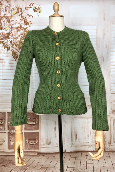 Exquisite Original 1940s Vintage Green Knit Cardigan By Cronies