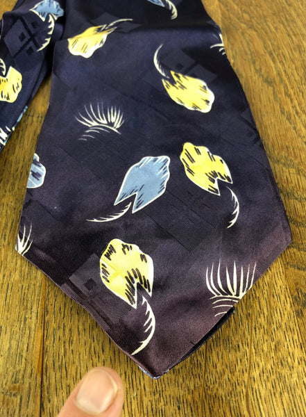 1940s Navy American Rayon Swing Tie with Blue & Yellow Abstract Leaf Print