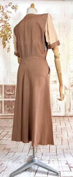 1940s Colour Block Day Dress in Mocha, Cream & Dusty Blue