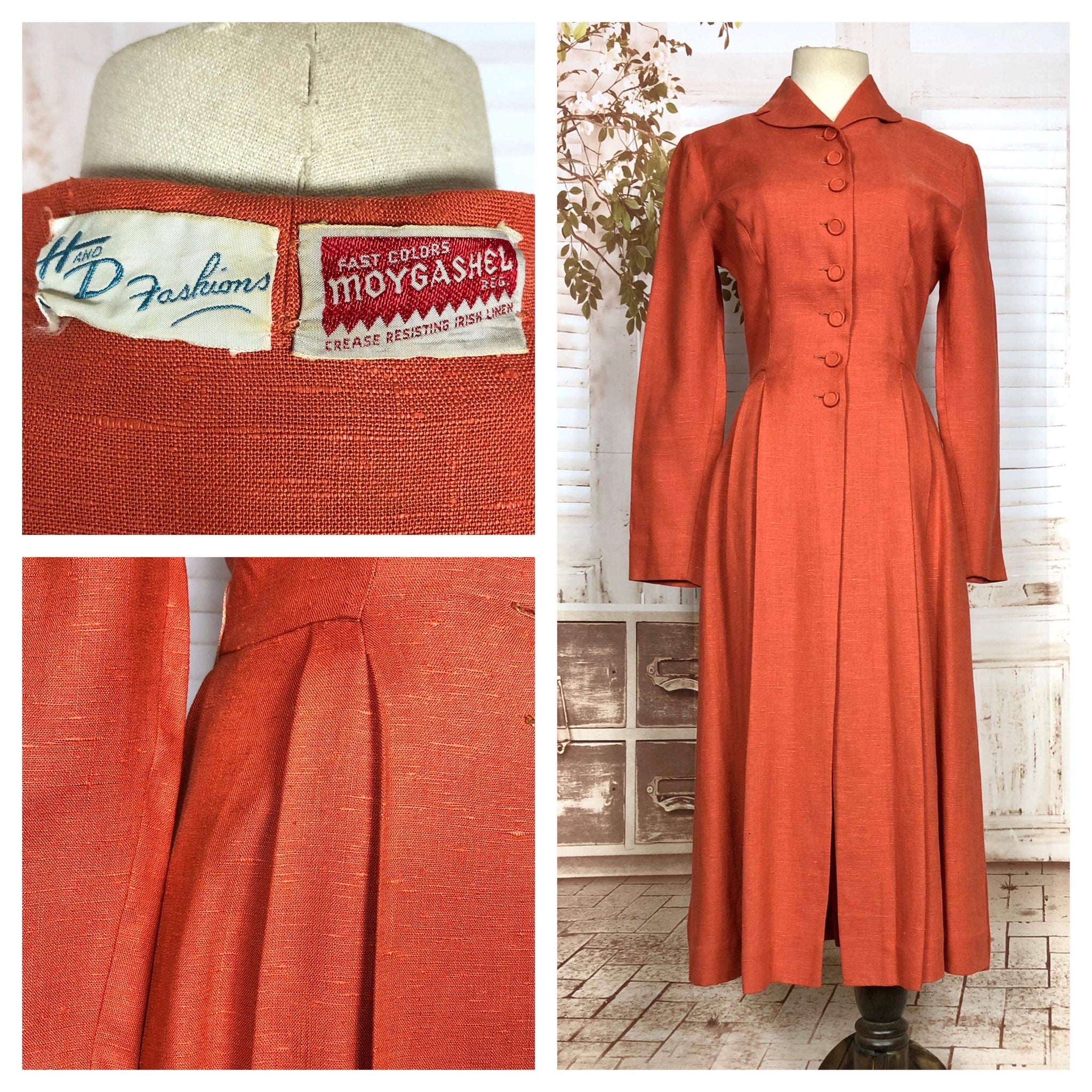 Gorgeous Original 1940s Vintage Orange Moygashel Linen Princess Coat