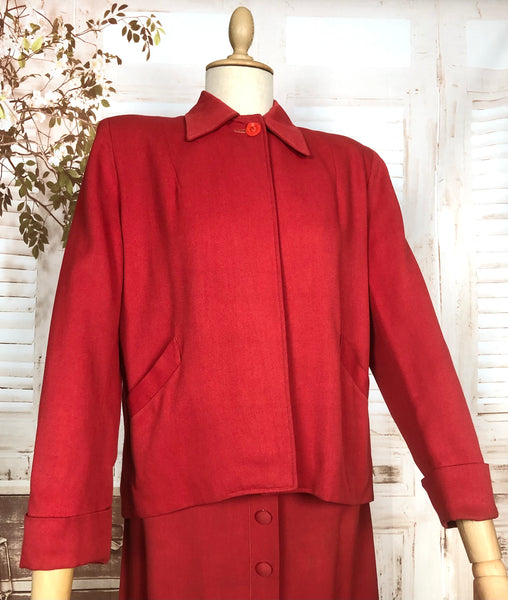 Exceptional Original 1940s Vintage Lipstick Red Swing Suit With Button Details