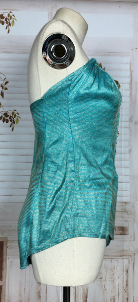 Incredible Original 1950s Turquoise And Hold Lurex Swimsuit Playsuit