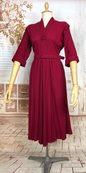 Beautiful Belted Red Late 1940s / Early 1950s Volup Dress With Pin Tuck Details